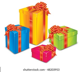 Different size color boxes surprise with red tape, wrapper for gift