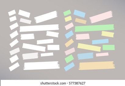 Different size colorful and white sticky paper, adhesive, masking tape stuck on gray background