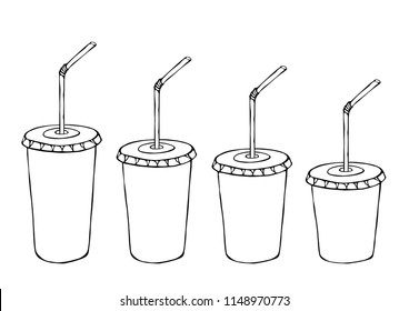 Different Size Paper Cup Template for Soda or Cold Beverage with Drinking Straw. Packaging Collection. Street Fast Food Menu. Hand Drawn High Quality Clean Vector Realistic Illustration. Doodle Style.