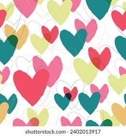 Different size rainbow hearts pattern. Multicolored watercolor hearts seamless backgroung. 