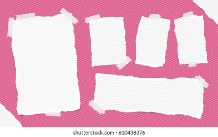 Different size ruled white note, notebook, copybook sheets, strips stuck with sticky tape on squared pink background and ripped paper in corners.