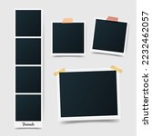 Different size of set photo picture frames on gray background. Photo booth, instant photos mockup glued with color adhesive tape. Photo template for Scrapbook. Vector illustration