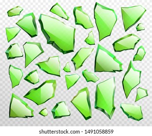 Different size, shape, glossy, reflecting on light pieces of broken, cracked green glass shards with torn sides and sharp edges 3d realistic vector illustration set isolated on transparent background