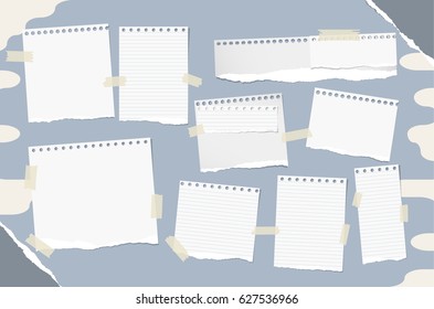 Different size stacked white note, notebook, copybook sheets stuck with sticky tape on blue abstract background and grey ripped paper in corners