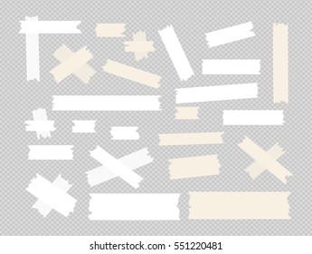Different size sticky paper, adhesive, masking tape are on squared gray background