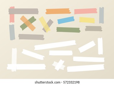 Different size sticky paper, adhesive, masking tape are on brown background