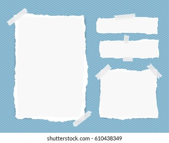 Different size white note, notebook, copybook sheets, strips stuck with sticky tape on squared blue background