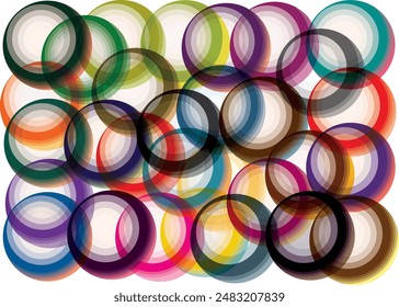 Different sized ball shapes with striped surfaces filled with different color tones comprise overlapping, colorful modern pattern