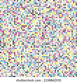 Different sized CMYK dots halftone pattern. An arrangement of cyan, magenta, yellow and black circular shapes in random sizes. Isolated on a white background.