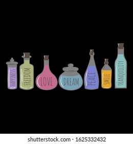 different sized jars and bottles with  inspirational words, vector