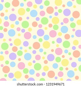 Different sized pastel polka dots on a light yellow vector background.

