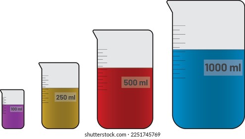 ciencia de diferentes tamaños, física y vasos químicos rellenos de líquidos de diferentes colores