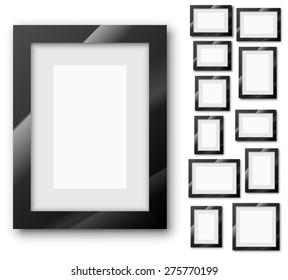 Different sizes and A4, B4, C4 proportion glossy blank frames on a white background with thick borders. Vector Illustration set