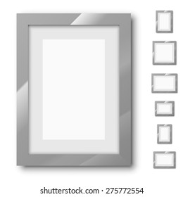 Different sizes and A4, B4, C4 proportion silver blank frames on a white background with thick borders. Vector Illustration set