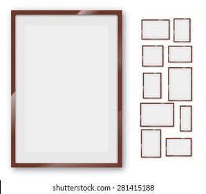 Different sizes and A4, B4, C4 proportion  wooden frames on a white background with thick borders. Vector Illustration set