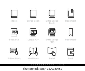 Different Sizes Books Icons. PDF Documents, Bookmark, Book In Hand, Closed Book, Read Tablet. Editable Line Vector Set On White Background