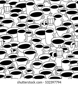 Different sizes coffee cups and coffee maker on white background. Vector seamless pattern. Cartoon hand drawn style. Wrapping, package, textile design, cards, posters. Perfect for coffee shop.