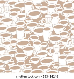 Different sizes coffee cups and coffee maker on beige background. Vector seamless pattern. Cartoon hand drawn style. Wrapping, package, textile design, cards, posters. Perfect for coffee shop.