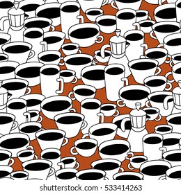 Different sizes coffee cups and coffee maker on brown background. Vector seamless pattern. Cartoon hand drawn style. Wrapping, package, textile design, cards, posters. Perfect for coffee shop.