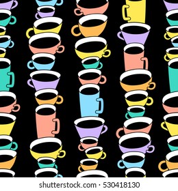 Different sizes coffee cups and mugs on black background. Vector seamless pattern. Cartoon hand drawn style. Wrapping, package, textile design, cards, posters. Perfect for coffee shop
