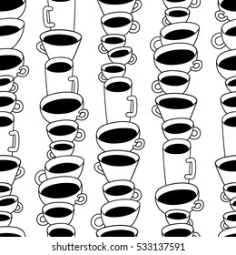Different sizes coffee cups and mugs on white background. Vector seamless pattern. Cartoon hand drawn style. Wrapping, package, textile design, cards, posters. Perfect for coffee shop.

