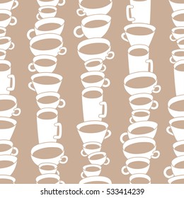 Different sizes coffee cups and mugs on beige background. Vector seamless pattern. Cartoon hand drawn style. Wrapping, package, textile design, cards, posters. Perfect for coffee shop.