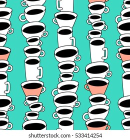 Different sizes coffee cups and mugs on turquoise background. Vector seamless pattern. Cartoon hand drawn style. Wrapping, package, textile design, cards, posters. Perfect for coffee shop.
