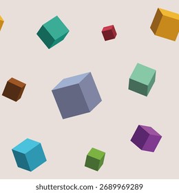 Different sizes color isometric cubes vector seamless pattern. Color vector illustration. 3D isolated color cubes pattern. Decorative abstract flat style background.
