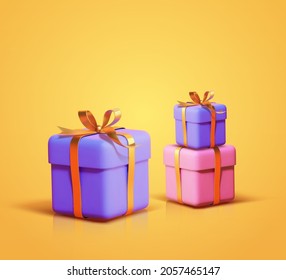 Different sizes of colorful gift boxes with golden ribbon. 3d objects isolated on yellow background.