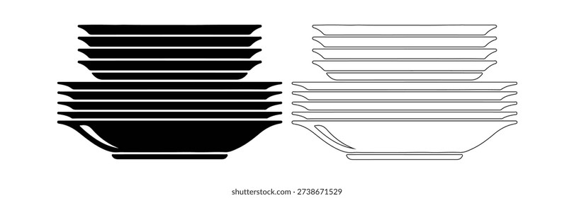 Different sizes dishes pile black silhouette contour line art dinnerware objects