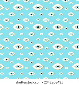 Different sizes evil eyes seamless in gold, white, black on turquoise background. Can be used for fashion, home decor graphics such as textile all-over print, for covering, wrapping and decoration