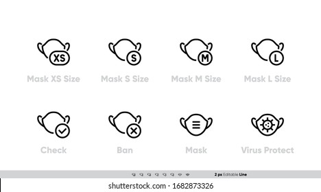 Conjunto de iconos vectoriales de diferentes tamaños de máscaras. Tamaño XS, S, M, L, Check, Ban y Protección contra virus. Tamaño recomendado de línea editable para sitio web