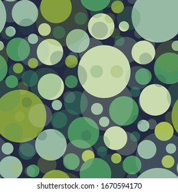 different sizes, overlapping circles of green shades are randomly located on a dark background. spotty seamless pattern. vector