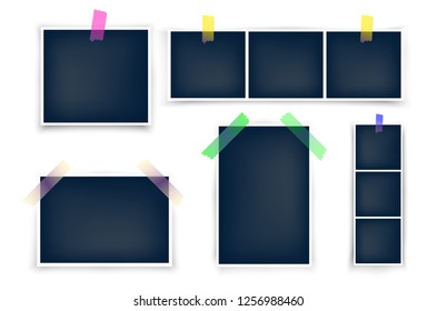 Different sizes photo frames mockup glued with color tape . Realistic empty templates. 10x15  9x13  size