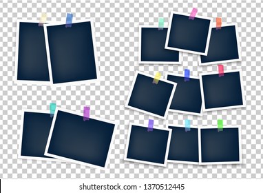 Different sizes photo frames mockup glued with color tape . Realistic empty templates. 