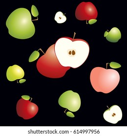 Different sizes red and green apples cut in half with core and seeds. Seamless pattern on black background. Vector illustration.