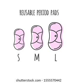 Different sizes of reusable period pads isolated on white background. hand drawn elements. Zero waste menstruation line art concept.