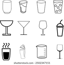 Different sizes and shapes drinking glasses. Cocktail set icon, logo isolated. Beverage icons set. Cocktail, drinks vector outline symbols. Beer, wine, cognac emblems.