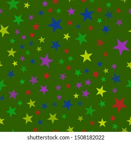 Different sizes of stars on green background. Seamless pattern.