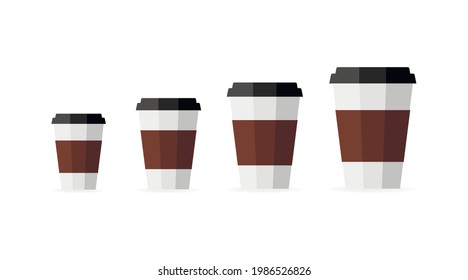 Different Sizes Of Take Away Paper Coffee Cups - Small, Medium, Large And Extra Large On White Background. Vector Illustration.