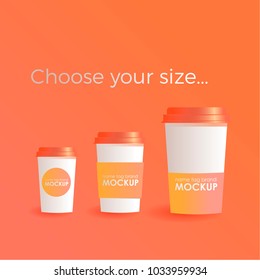 Different sizes and type of coffee cup mock-up. Gradient background. Vector realistic concept