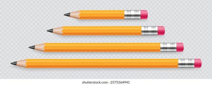 Different sizes of yellow graphite pencils with eraser. Vector illustration