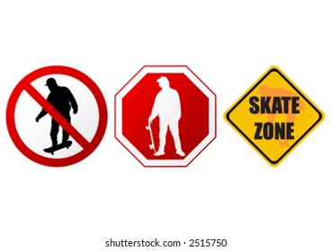 Different skateboard signs. Information and prohibition signs.