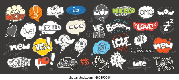 Different sketch style clouds and words collection. Color vector doodles set