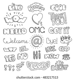 Different sketch style words collection. Vector doodles set