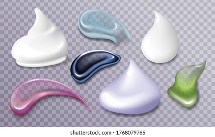 Different skin care products swatches on grey background. Cream, scrub, gel, mask samples, vector illustrations set in realistic style. Beauty and makeup concept