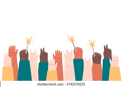 Different skin color hands up in the air on white background with space for text. Hand gestures. Festival, crowd, community concept. Flat vector illustration in cartoon style.