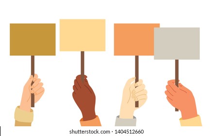 Different skin color hands holding or rising colorful banners. Vector cartoon illustration isolated.