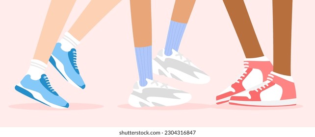 Different skin color legs in fashion sneakers. Cool bright sports shoes with socks for for man and woman. Footwear concept. Vector illustration in trendy flat style isolated.