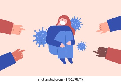 Different skin color people blaming, shaming, pointing at woman who suffering from coronavirus. Violence, bullying during quarantine. Flat cartoon vector illustration.